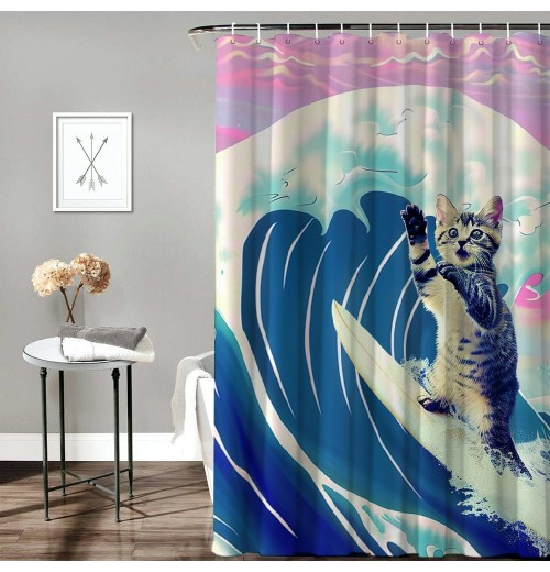 Shangniulu Funny Cat Shower Curtain, Surfer Cat Shower Curtain Battle Blue Ocean for Bathroom with Hooks, Waterproof Kids Bath Shower Curtain Decorative