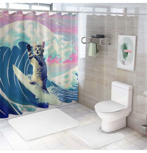 Shangniulu Funny Cat Shower Curtain, Surfer Cat Shower Curtain Battle Blue Ocean for Bathroom with Hooks, Waterproof Kids Bath Shower Curtain Decorative