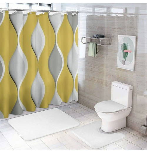 Shangniulu Gray Yellow Fabric Shower Curtain Waterproof Design and Polyester, Quick-Drying, Weighted Hem, Shower Curtains Set for Bathroom, Durable and Washable with Hooks