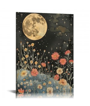 QKZF Vintage Moon Flowers Canvas Wall Art, Retro Mystical Moon Poster, Rustic Orange Yellow Wildflower Print, Botanical Floral Wall Decor