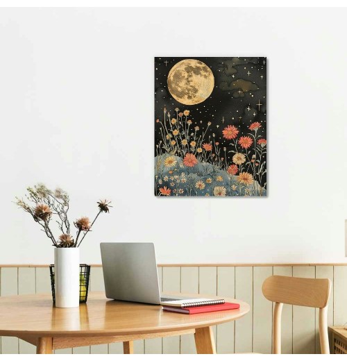 QKZF Vintage Moon Flowers Canvas Wall Art, Retro Mystical Moon Poster, Rustic Orange Yellow Wildflower Print, Botanical Floral Wall Decor