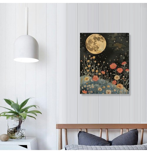 QKZF Vintage Moon Flowers Canvas Wall Art, Retro Mystical Moon Poster, Rustic Orange Yellow Wildflower Print, Botanical Floral Wall Decor