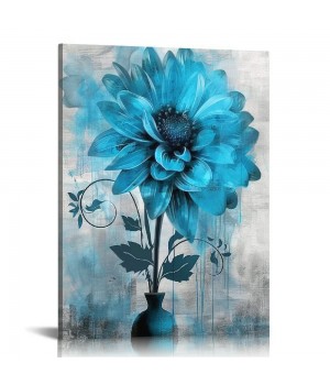 QKZF Abstract Flowers Wall Art Teal Flower Canvas Pictures Rustic Blossom Canvas Painting for Bedroom Bathroom Wall Decor Modern Teal Grey Canvas Prints Contemporary Botanical Wall Art