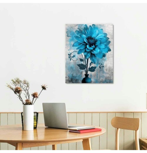 QKZF Abstract Flowers Wall Art Teal Flower Canvas Pictures Rustic Blossom Canvas Painting for Bedroom Bathroom Wall Decor Modern Teal Grey Canvas Prints Contemporary Botanical Wall Art