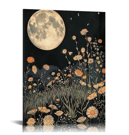 QKZF Vintage Moon Flowers Canvas Wall Art, Retro Mystical Moon Poster, Rustic Yellow Wildflower Print, with Botanical Floral Wall Decor