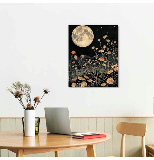 QKZF Vintage Moon Flowers Canvas Wall Art, Retro Mystical Moon Poster, Rustic Yellow Wildflower Print, with Botanical Floral Wall Decor