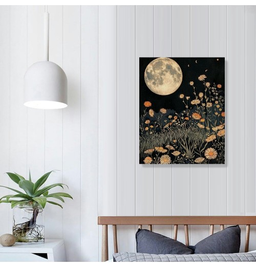 QKZF Vintage Moon Flowers Canvas Wall Art, Retro Mystical Moon Poster, Rustic Yellow Wildflower Print, with Botanical Floral Wall Decor