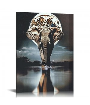 QKZF Moon Canvas Wall Art Black And White Wall Decor Elephant Wall Painting For Living Room Home Decor Ready To Hang