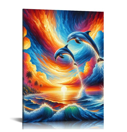 QKZF Dolphin Sunset Canvas Wall Art Animal Painting Art Decor Prints Picture of Dolphins Jumping Out of Water Framed Ready to Hang