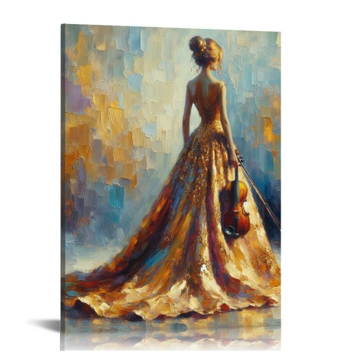 QKZF Abstract Oil Paintings Wall Art Modern Canvas Wall Art Musical Girl Framed Textured Artwork for Home Decorations