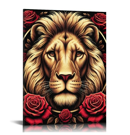 QKZF Lion Framed Canvas Wall Art Red Roses Wall Decor Captivating Close-up of Lion's Face Perfect Modern Home Decor for Living Room Home Bedroom Decoration