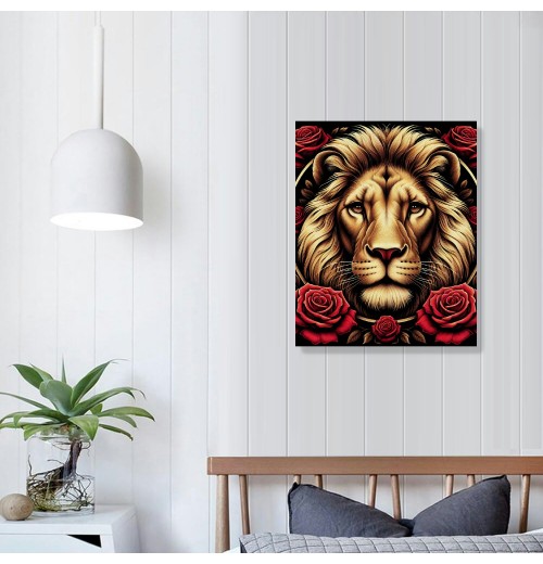 QKZF Lion Framed Canvas Wall Art Red Roses Wall Decor Captivating Close-up of Lion's Face Perfect Modern Home Decor for Living Room Home Bedroom Decoration