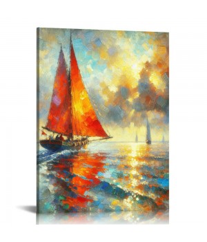 QKZF Abstract Canvas Wall Art Sailboat Oil Paintings for Home Decoration Contemporary Vertical Texture Wall Art Ship Artwork Ready to Hang