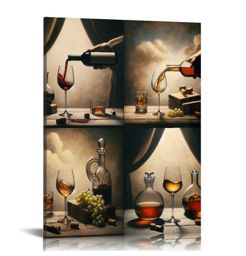 QKZF Red Wine Cups Modern Kitchen Wall Art Dinning Room Wall Decor 4 Panels Abstract Canvas Prints Artwork Vintage Pictures Paintings on Canvas Wall Art for Kitchen Home