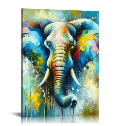 QKZF Elephant Picture Wall Art Colorful Animal Canvas Wall Art Modern Wildlife Artwork for Bathroom Bedroom Office Living Room Paintings Decorations Ready to Hang