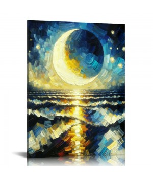 QKZF Moon Over Ocean Canvas Wall Art Painting Canvas Prints Wall for Living Room Bedroom Bathroom Home Decor Ready to Hang