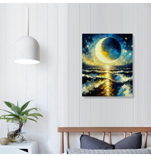 QKZF Moon Over Ocean Canvas Wall Art Painting Canvas Prints Wall for Living Room Bedroom Bathroom Home Decor Ready to Hang