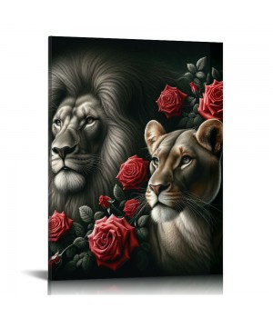 QKZF Lion Framed Canvas Wall Art Red Rose Decor Lion Animal Canvas Print Enchanting Decor for Living Room Home Bedroom Ready to Hang