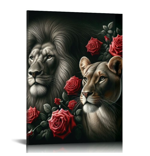 QKZF Lion Framed Canvas Wall Art Red Rose Decor Lion Animal Canvas Print Enchanting Decor for Living Room Home Bedroom Ready to Hang