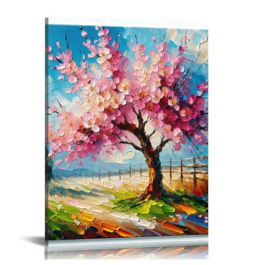 QKZF Canvas Wall Art Pink Peach Tree Canvas Print Hanging Pictures for Bathroom Bedroom Living Room Office Decor