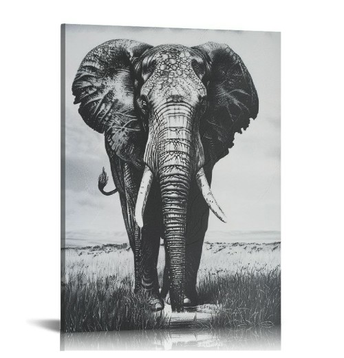 QKZF Black And White Wall Art Canvas Painting Framed Elephant Wall Decor Ready To Hang For Living Room Bedroom Bathroom Home OfficeWall Paintings