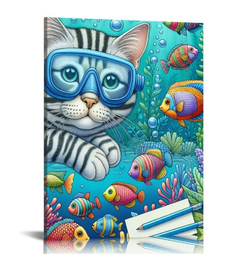 QKZF Cat's Framed Canvas Wall Art Diving Scene Ready to Hang Ideal for Living Room Home Bedroom Decoration