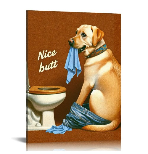 QKZF Dog and Toilet Paper Bathroom Wall Art Your Napkin Modern Poster Artwork Restroom Decoration Framed Oil Painting