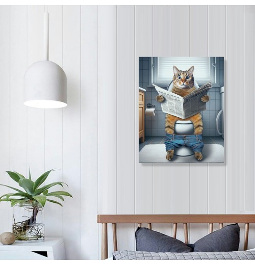 QKZF Cat Paintings Canvas Wall Art Modern Cat Bathroom Decor Posters Cat on Toilet Pictures Funny Animals Kids Bathroom Wall Decor For Living Room Bathroom Decoration