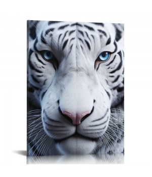 QKZF White Wall Art Wild Animal Portrait Picture Wall Decor Blue Eyed Tiger Prints on Canvas Posters Modern Home Decor for Living Room Kids Room Stretched and Framed Artwork