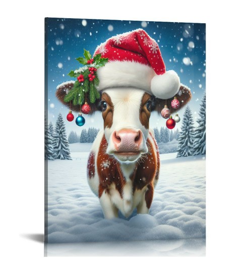 QKZF Canvas Print Wall Art Decor,Christmas Cow Wall Art Print, Print Wall Decor, Suitable For Office Study Wall Decoration