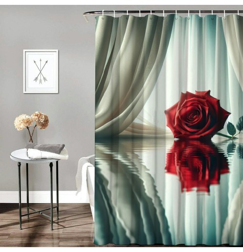 Shangniulu Water Red Rose Shower Curtain, Modern Printed Bathroom Decoration, Waterproof Fabric Rose Shower Curtain With Hooks