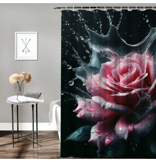 Shangniulu Modern Style Printed Shower Curtain, Waterproof With Hooks, Romantic Floral Bathroom Decoration Shower Curtain