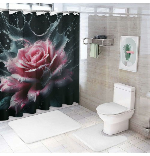 Shangniulu Modern Style Printed Shower Curtain, Waterproof With Hooks, Romantic Floral Bathroom Decoration Shower Curtain