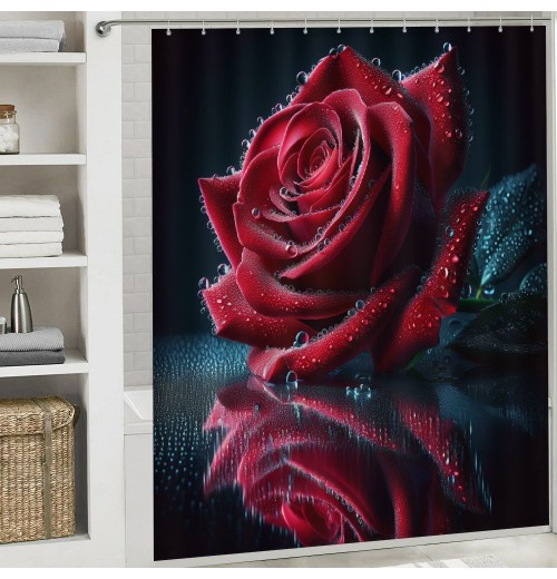 Shangniulu Modern Style Printed Shower Curtain, Bright Red Rose Bathroom Decorative Shower Curtain, Modern Tarp Shower Curtain With Hooks