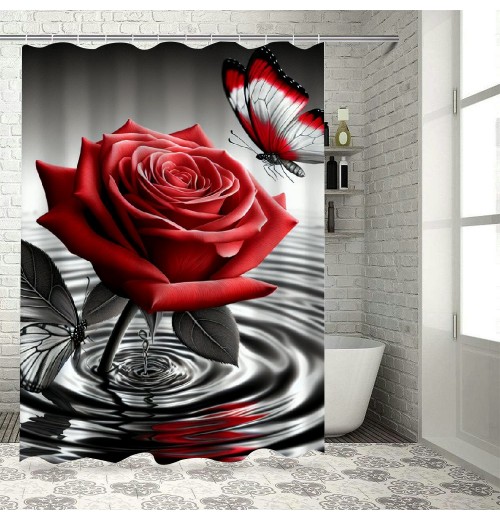 Shangniulu Printed Shower Curtain, Water Red Rose Butterfly Bathroom Shower Curtain, Modern Shower Curtain With Hooks