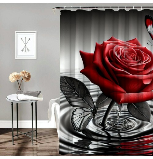 Shangniulu Printed Shower Curtain, Water Red Rose Butterfly Bathroom Shower Curtain, Modern Shower Curtain With Hooks