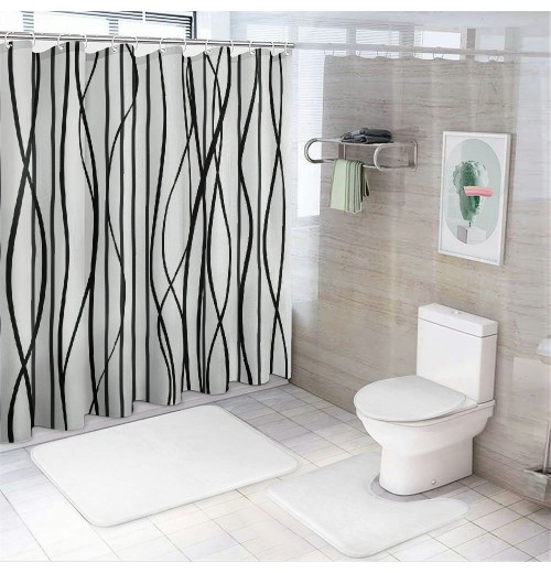 Shangniulu Black and White Striped Wavy Line Fabric Shower Curtain for Bathroom, Weighted Hem,Waterproof Bath Accessories Hotel Style