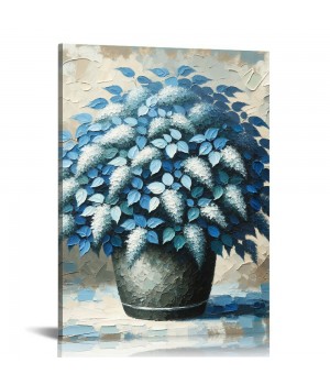 QKZF Blue Floral Canvas Wall Art for Living Room, Oil Painting Floral Artwork Modern Blue Flowers Picture Wall Decor Framed Bathroom Bedroom Home Office