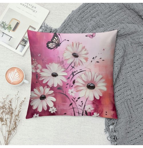 PHYHOO Girly Pink Daisy Throw pillow Cover,Retro Hand Draw Graffiti Cushion Cover for Car Camper Office,Farmhouse Style Botanical pillowcase Outdoor pillow Cover Single Pack