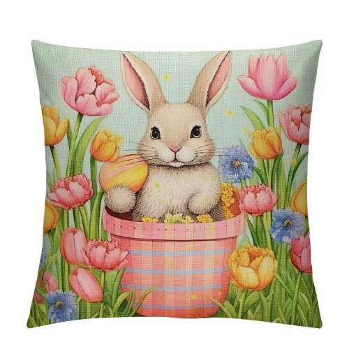 PHYHOO Easter Cartoon pillow Covers,Watercolor Flowers Butterflies Colorful Eggs Throw pillow Covers Cases, Stripes Rustic Style Square Cushion Covers