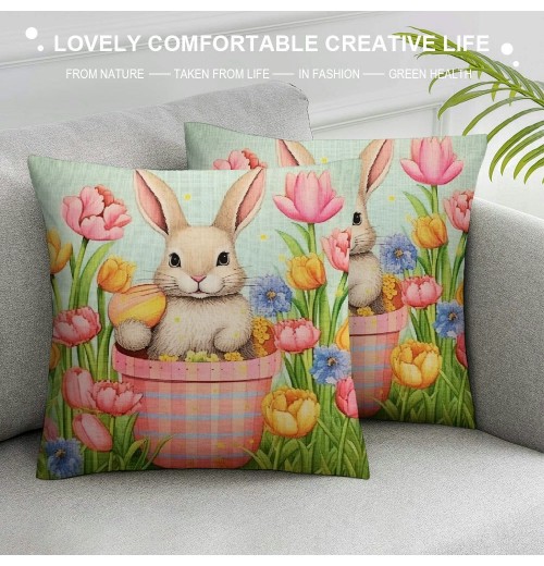 PHYHOO Easter Cartoon pillow Covers,Watercolor Flowers Butterflies Colorful Eggs Throw pillow Covers Cases, Stripes Rustic Style Square Cushion Covers