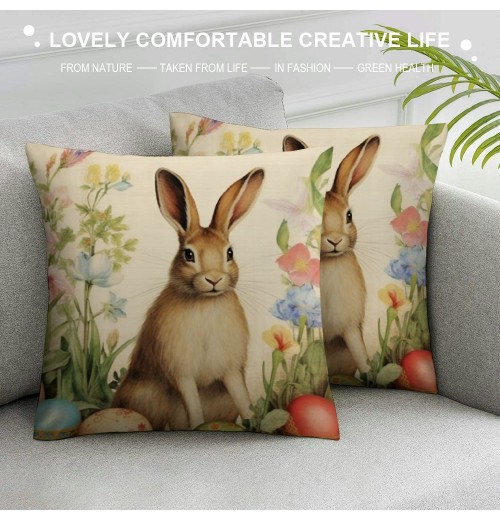 PHYHOO Easter Rabbit pillow Covers Farmhouse Retro Easter Rabbit Bunny Violet Floral pillow Cases Throw Cushion Cover for Home Sofa Office