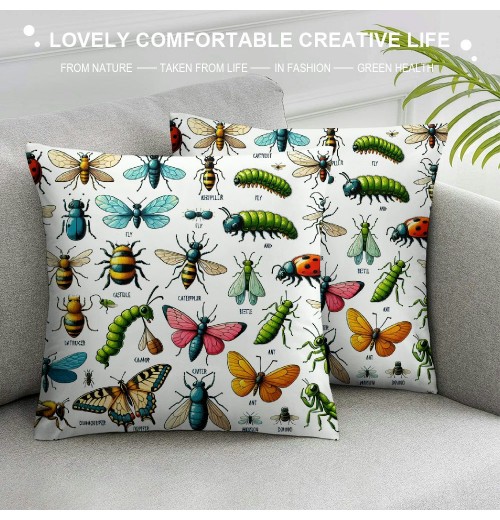 PHYHOO Short Plush pillow Covers,Cartoon Insects Double-Sided Print Square Cushion Cases for Sofa Bedroom Car Decorative