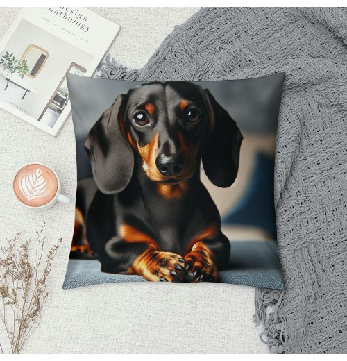 PHYHOO Short Plush pillow Covers,Black Long-Haired Dachshund Dog Double-Sided Print Square Cushion Cases for Sofa Bedroom Car Decorative