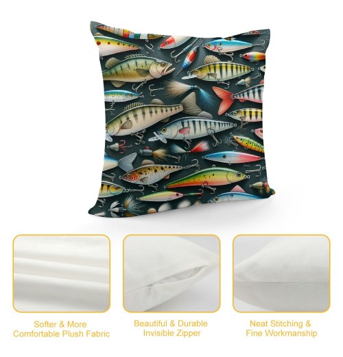 PHYHOO Short Plush pillow Covers,Bait for Fishing Double-Sided Print Square Cushion Cases for Sofa Bedroom Car Decorative