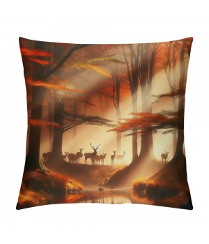 PHYHOO Short Plush pillow Covers Deers Stream in Forest Painting Square pillow Case for Bedroom, Sofa, Car Decoration Both Sides