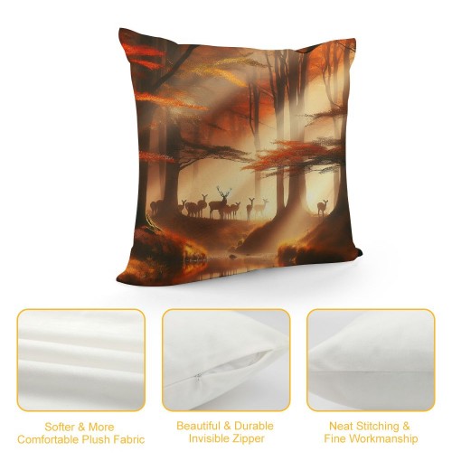 PHYHOO Short Plush pillow Covers Deers Stream in Forest Painting Square pillow Case for Bedroom, Sofa, Car Decoration Both Sides