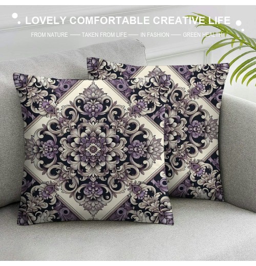 PHYHOO Short Plush pillow Covers Vintage Floral Square pillow Case for Bedroom, Sofa, Car Decoration Both Sides, Grey Purple